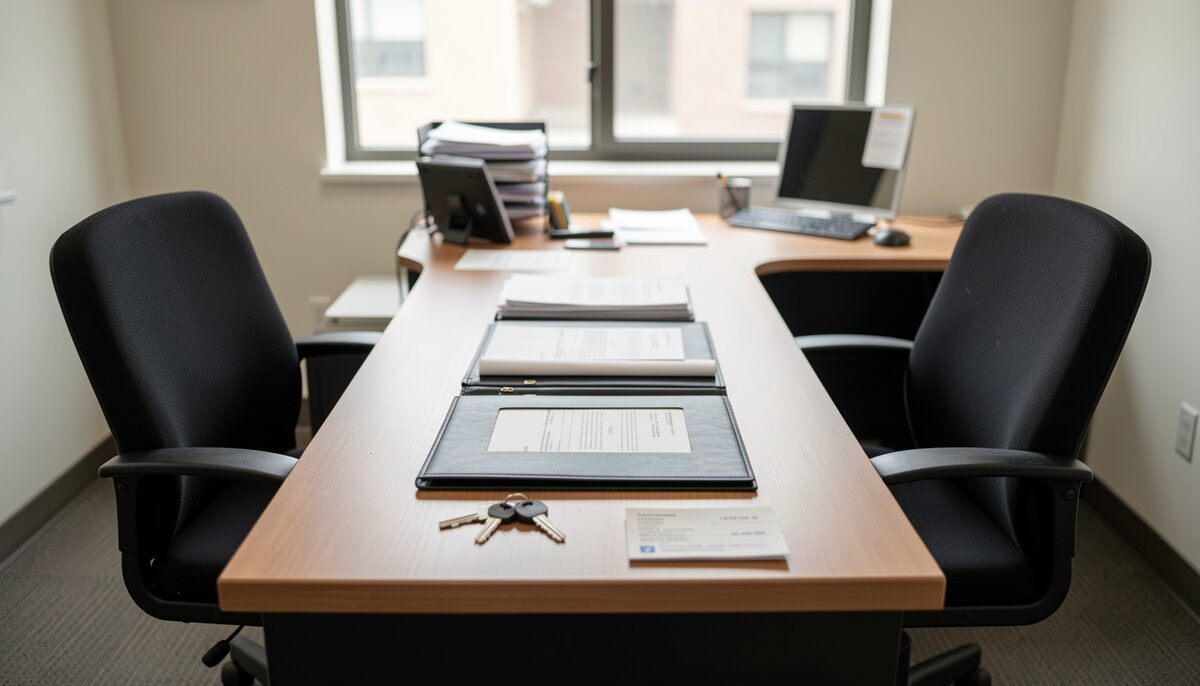 A small office with two chairs facing a desk, a document jacket between them, a set of keys and a cashier's check envelope on the desk