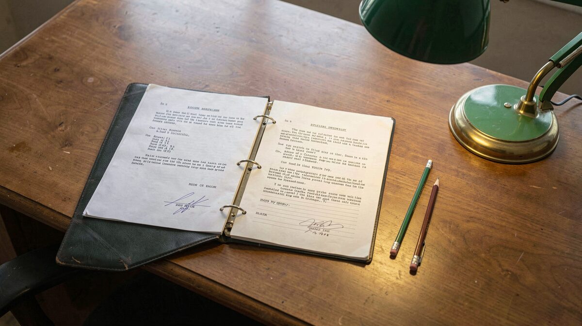 A records table with an open loan file, a deed folder and a brass paperweight