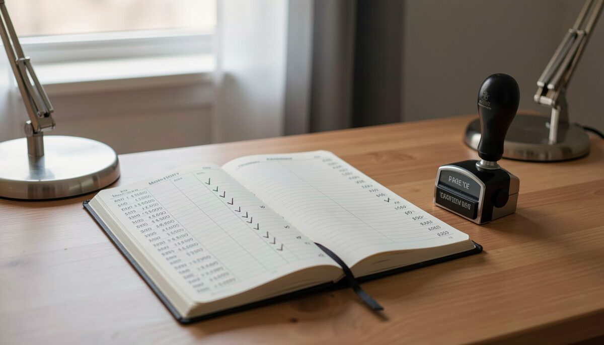 A ledger book open on a desk showing columns of monthly payments with checkmarks, a desk lamp and a rubber date stamp