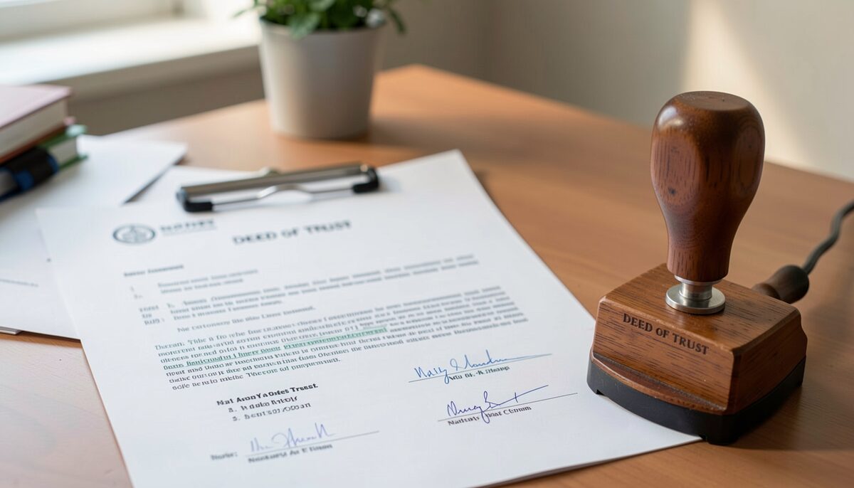 Two documents on a desk side by side, one stamped DEED OF TRUST with county recording marks, the other headed PROMISSORY NOTE with a signature line
