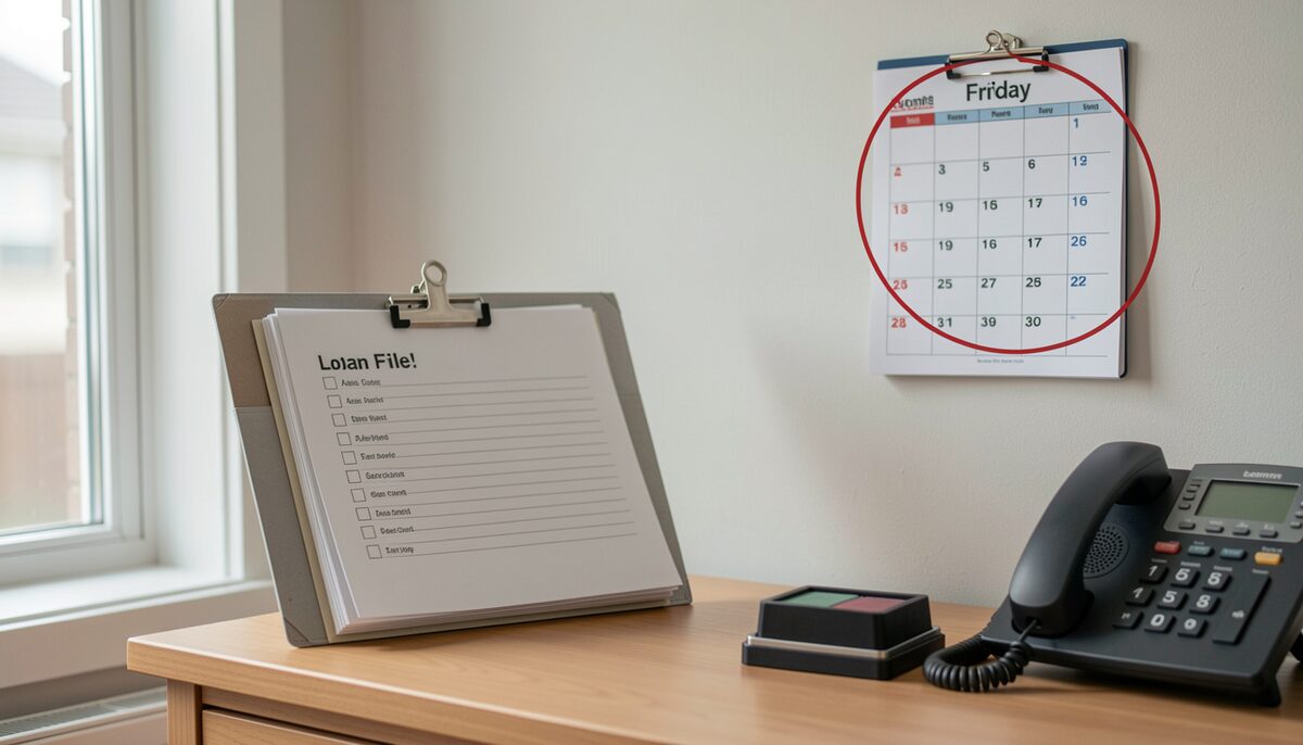 A loan file folder with a checklist clipped to it, a wall calendar circled on a Friday, a telephone and a stamp pad on the desk