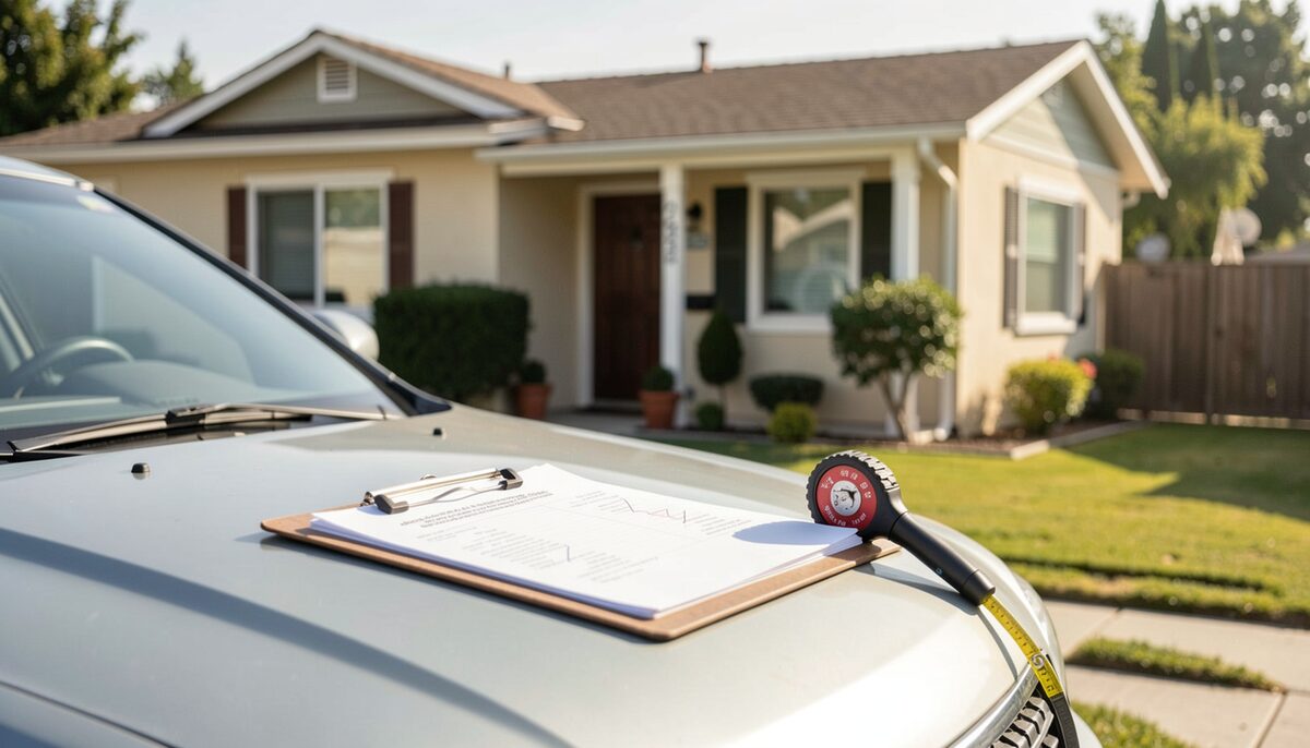 A sedan parked at the curb of a residential street, a man photographing a small stucco house with a notepad on the steering wheel