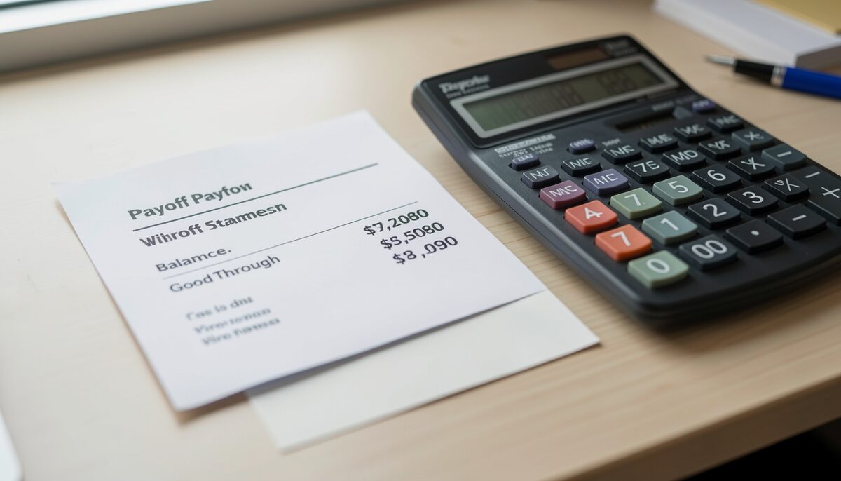 A payoff statement on a desk showing a balance figure and a good-through date, a calculator, a wire transfer form beside it