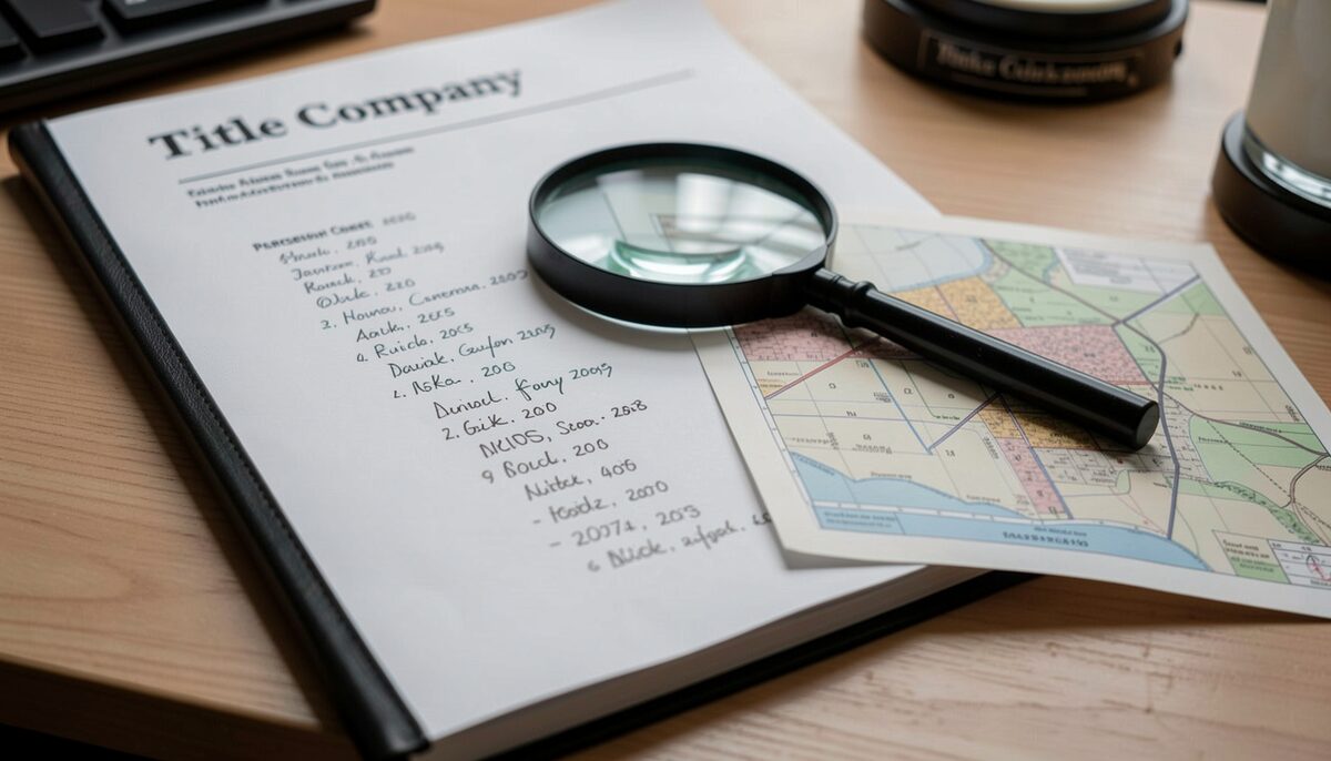 A title company report folder on a desk, a parcel map and a chain of handwritten names and dates, a magnifying glass on top