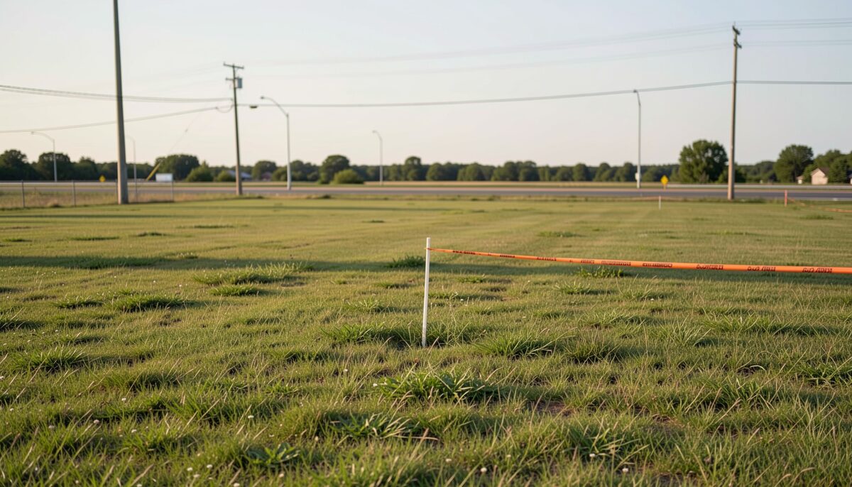 A flat empty lot at the edge of a desert town, a leaning For Sale sign, dry grass and a chain-link fence, mountains in the far distance