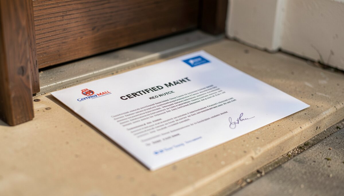 A certified-mail envelope on a doorstep, a formal notice with bold heading visible, morning light and no one answering